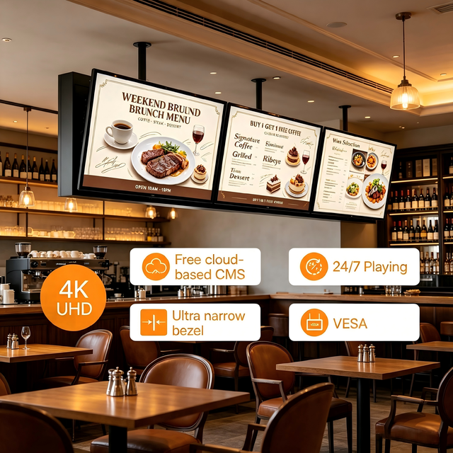 1200nits High Brightness Digital Menu Board for Western Restaurant | Commercial LCD Signage with CMS