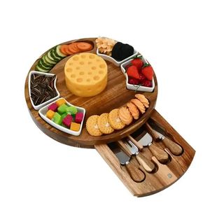 Wooden <b>Cheese</b> Board With Cutlery <b>Set</b> Round Serving Tray For <b>Cheese</b> Fruit Vegetables And Crackers Durable Portable Design - Product Image 1