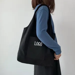 Fabrika özel Logo baskı düz kullanımlık büyük dış kese pamuk kanvas sepet alışveriş çantası cep