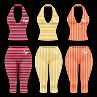 Ensembles pour femmes avec logo personnalisé, en coton tricoté à rayures, 2 pièces, style streetwear, comprenant un haut dos nu et un pantalon capri moulant, ensemble de vêtements de détente pour femmes