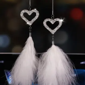 White Decorative Custom Rearvew Mirror Love Shape Alloy Feather Bling Diamond Hanging Pendant For Girls