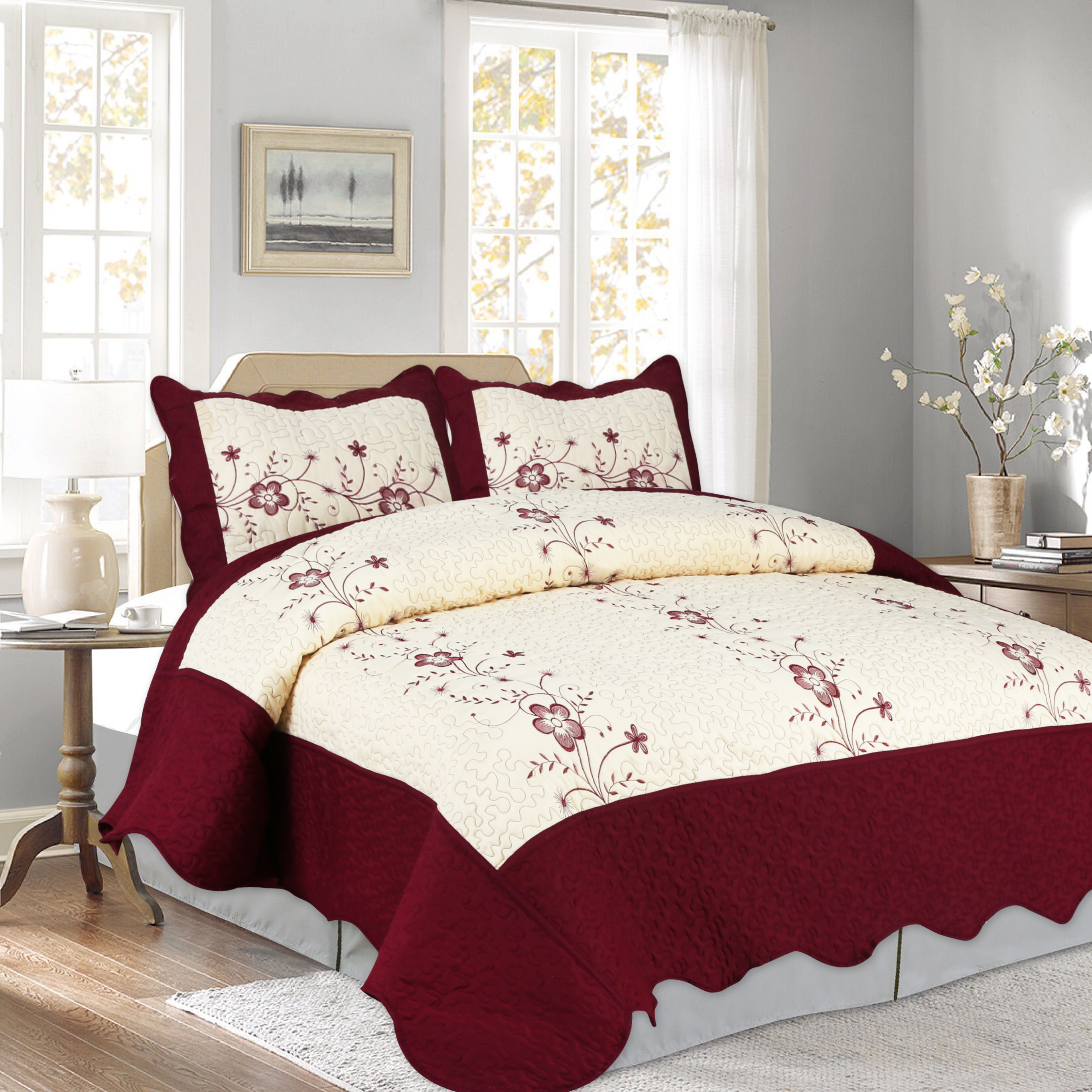 Factory Wholesale Customized Quilts Elegant Embroidery Bedspread Set China 3pcs Set Bedding Sets Quilt Colcha