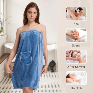Robe de bain en polaire corail bleue hypoallergénique pour femme adulte, couleur unie, rectangulaire, lavable en machine, pour usage SPA - Product Image 6