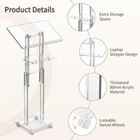 Pupitre en acrylique portable avec étagère de rangement roulante, roulettes verrouillables, hauteur réglable de 37,8 à 47,2 pouces pour les églises et les salles de classe