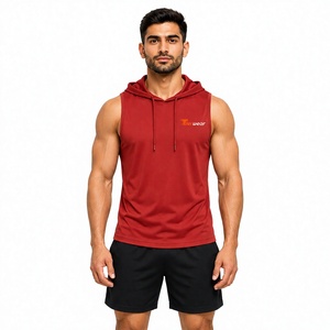 Men's <b>Red</b> Sleeveless Hooded <b>Tank</b> <b>Top</b> Quick Dry Polyester Sporty Front Logo Print Knitted Hoodie Vest Men Hooded <b>Tank</b> <b>Top</b> - Product Image 1