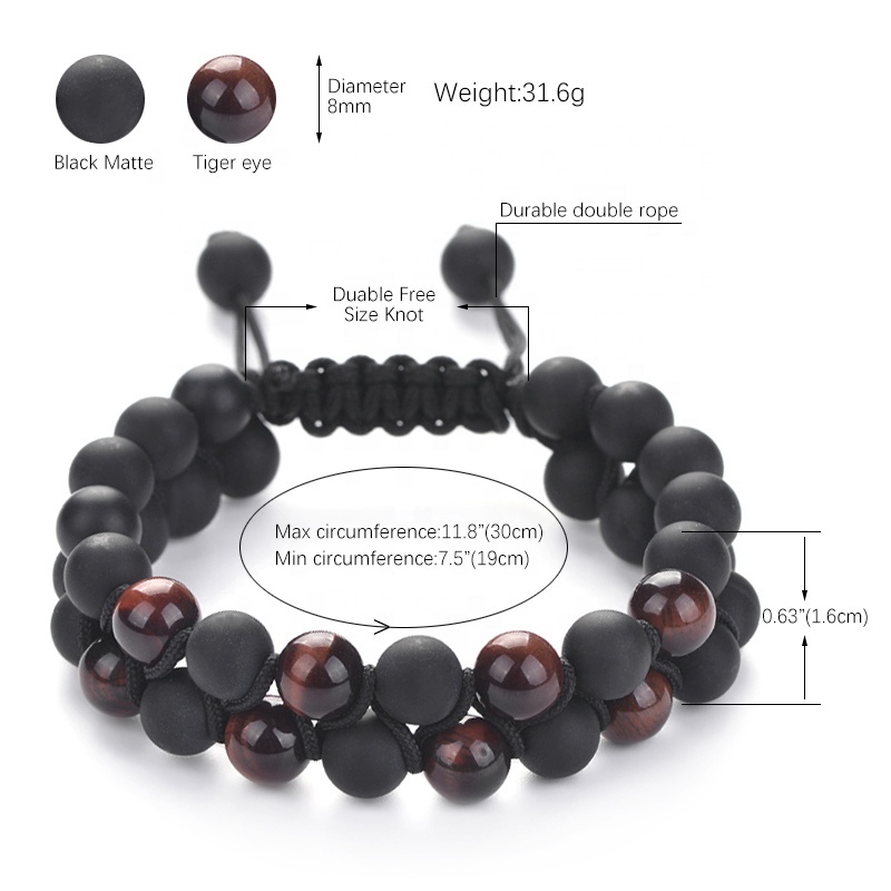 Double row natural stone 8mm handmade adjustable braided lava rock and magnetic hematite custom beaded mens bracelet