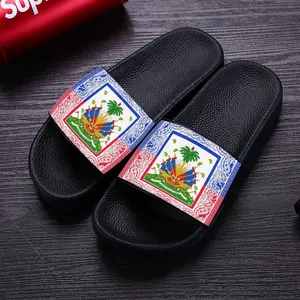 hot sale PVC Haiti flag slides beach sandals adult, low MOQ outdoor street wear slippers Haitian sandals men custom logo