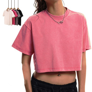 T-shirt court oversize 100 % coton vierge de haute qualité pour femme, motif imprimé vieilli, délavé à l'acide, idéal pour l'été - Product Image 1