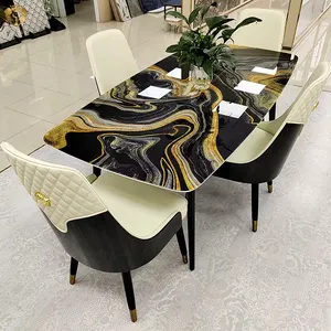 Modern uzun siyah altın porselen mermer masa yemek odası masa seramik cam yemek odası setleri 6 sandalyeler masa mobilya lüks