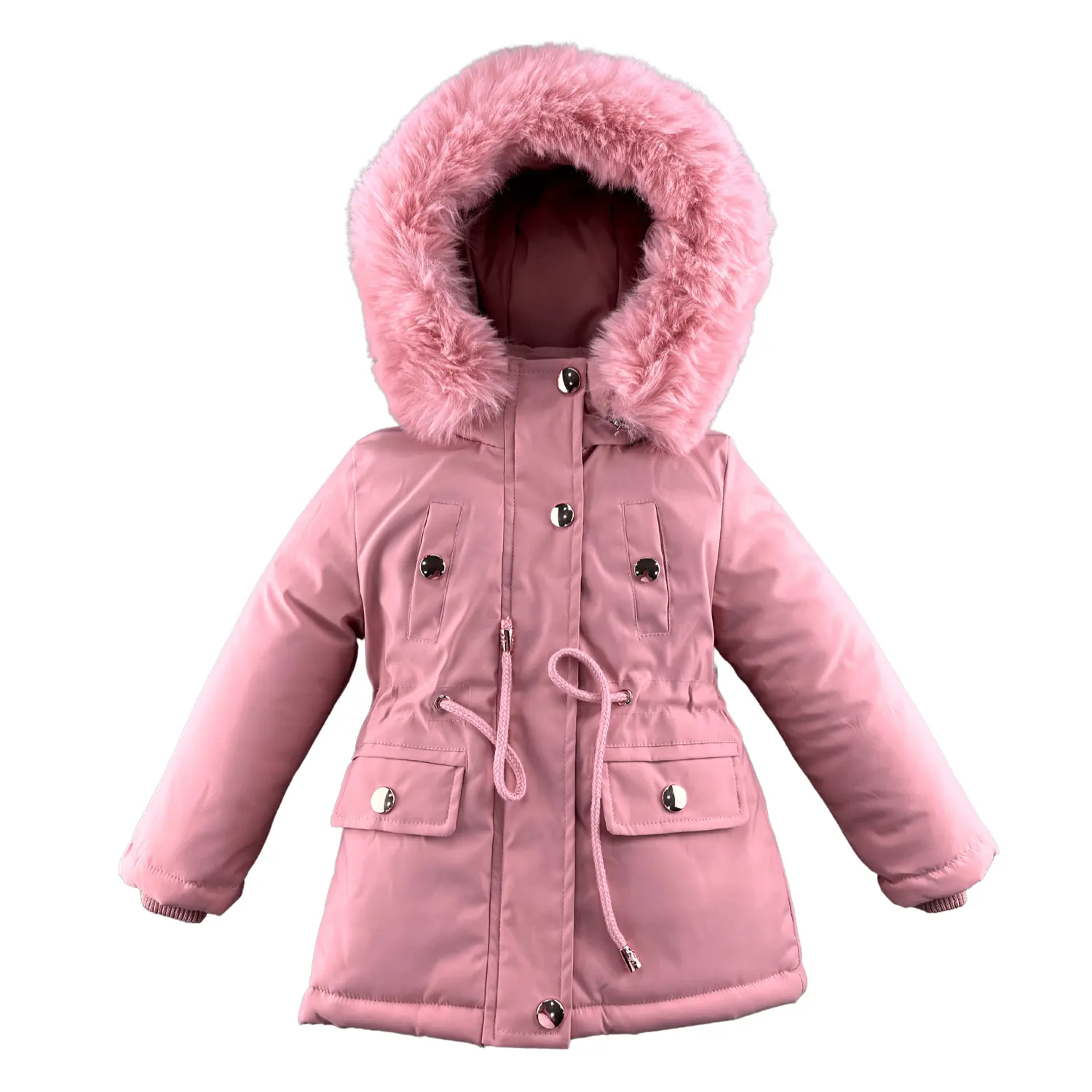 Custom logo winter warm waterproof 2-6 years children's cotton puffer padded kids girls jacket coat with fur hoodie