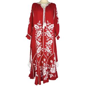 เดรสสไตล์เรโทรลายปักดอกไม้สไตล์ชนเผ่า งานปักหนาแน่น แขนยาว กระโปรงยาวปานกลาง ลายดอกไม้ - Product Image 1