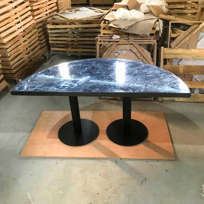 Marco de metal personalizado para decoración artística, pedestal azul de lujo, media luna, sala de estar, mesa de consola de diseño de mármol moderno