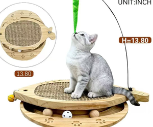 Juguete Rascador Interactivo para Gatos, Rascador Redondo de Madera con Plumas Colgantes y Pistas de Bolas para Jugar en Interiores - Product Image 6