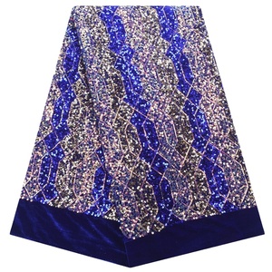 Vải Ren Lưới Màu Xanh Dương Chất Lượng Cao Châu Phi 2135 Vải Ren Nhung Đính Kim Sa Nặng Của Pháp Dành Cho May VÁY DỰ TIỆC - Product Image 1