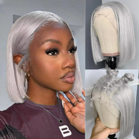 Perruque Bob Courte Droite Grise 100% Cheveux Humains, Lace Frontale Grise 13x4 HD, Perruque Bob Frontale en Dentelle, Perruques de Cheveux Humains Bruts Colorés