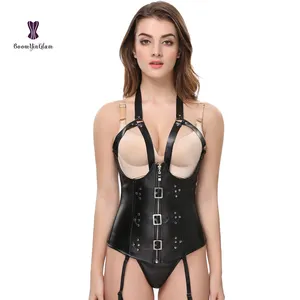 Lingerie feminina sensual couro sintético, corset treino de vinil preto com cintura