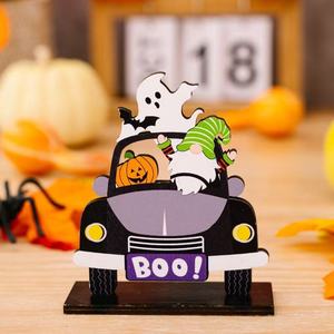 Halloween Decorations <strong>Wooden</strong> Car Figurine Tiny <strong>Pumpkin</strong> BOO Desktop Decor Ghost Display Stand - Product Image 1