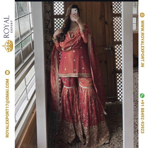 Moda moderna nueva seda pura de Chinon con Secuencia bordada pesada trabajo Sharara conjunto de traje colección con Dupatta - Product Image 1