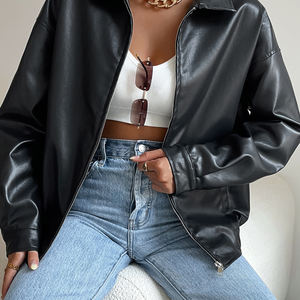 Chaqueta de Cuero PU OEM Negra con Cuello Alto para Mujer, Chaqueta de Cuero PU Cálida y Regular, Abrigo de Cuero para Mujer - Product Image 3