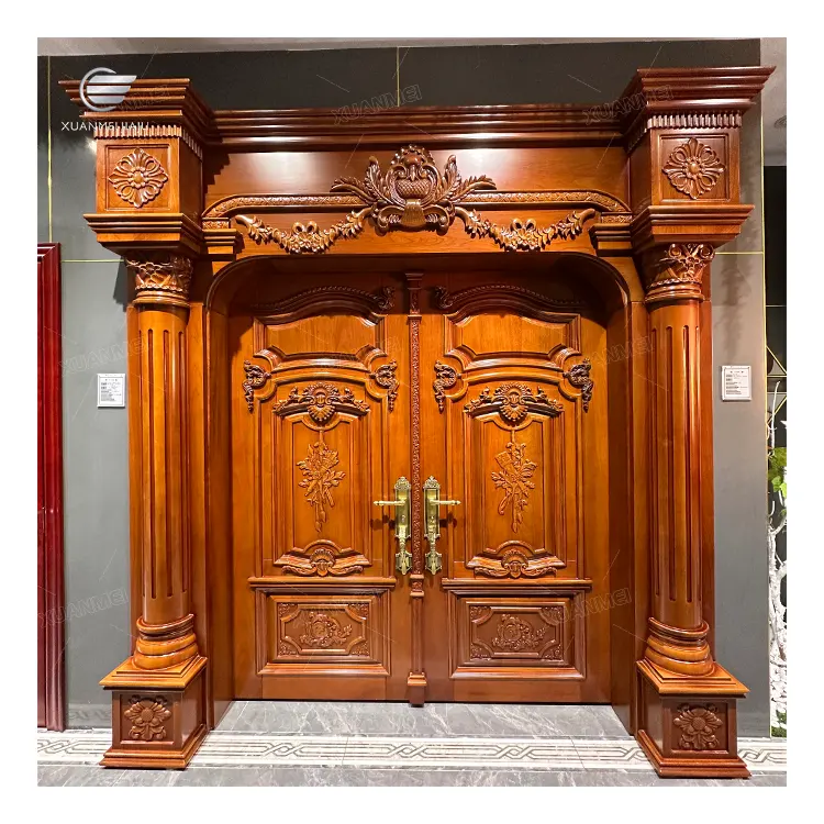 Extérieur en bois de luxe sculpté porte en bois massif portes d'entrée pas cher prix conception de porte en bois massif