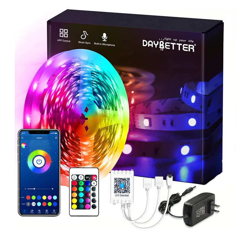 Thâm quyến nhà máy 16.4ft 32.8ft 65.6ft 12V nhà thông minh Deco âm nhạc đồng bộ ánh sáng 5050 RGB app điều khiển Bluetooth LED dải ánh sáng