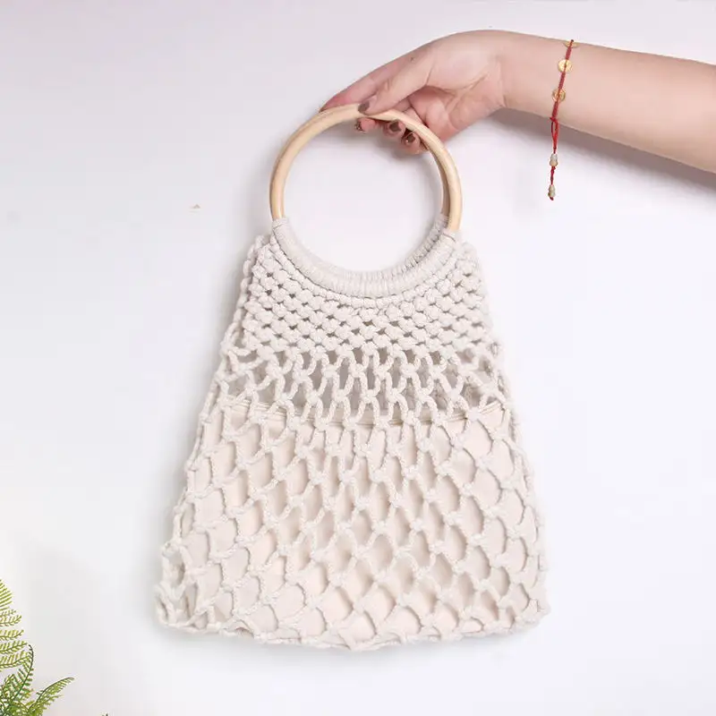 Borsa da spiaggia in Rattan intrecciata con stringhe di cotone in paglia di moda fatta a mano