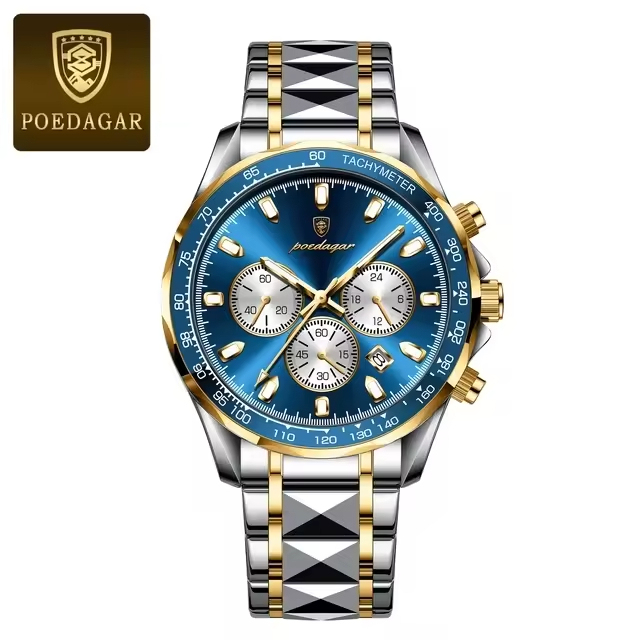Relojes Hombre 815 Quartz Watches Luxury Gold Blue Small Three Needle Chronograph Watch for Men Stainless Steel Wrist