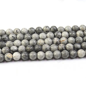Cuentas Sueltas Redondas de Piedra Mapa Gris Pulida, Jaspe Picasso Gris, Cuentas de Ágata con Encaje Plateado para la Elaboración de Joyería Masculina - Product Image 1