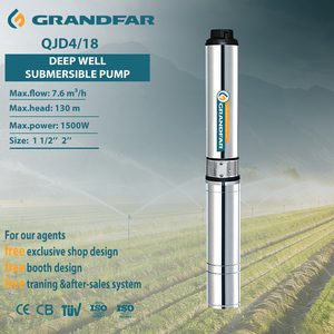 Grandfar 1.5KW 130m Head Stainless Steel High Multi-stage Copper Wire Motor Deep Well <b>Submersible</b> Water <b>Pump</b> QJD4/18-1.5 High Pr - Product Image 1