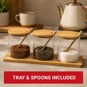 3-delige <span class=keywords><strong>set</strong></span> glazen voorraadpotten met bamboe deksel, houten dienblad & lepels, voor kruiden, thee, koffie, suiker, keukenopbergset - Product Image 3