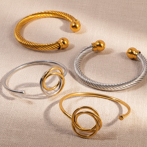 JUSNOVA 18K PVD Gold Stainless Steel Cable <strong>Cuff</strong> Bangle Interlocking Triple Circle <strong>Bracelet</strong> Waterproof Non-tarnish Adjustable - Product Image 3