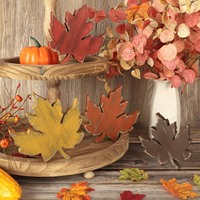 Décoration d'automne pour la maison, ensemble de 4 décorations en bois rétro en forme de feuille, centre de table rustique pour l'automne