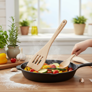 Utensili da cucina ecologici da 30 cm raschietti a spatola in legno traforato in legno di Teak naturale per uso bambini e stoviglie - Product Image 3