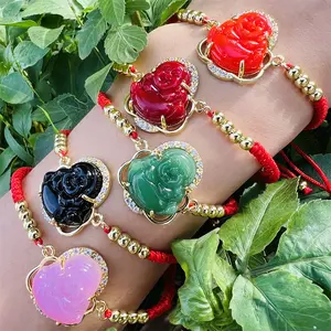 Neues hand gewebtes rotes Seil verstellbarer religiöser Schmuck Heilung Kristall grün Jade Maitreya Lachender Buddha Kopf Charm Armband