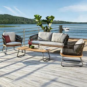 Outdoor Coffee <b>Table</b> <b>Wood</b> Slatted <b>Table</b> Metal Frame Patio <b>Garden</b> Lounge Furniture - Product Image 2
