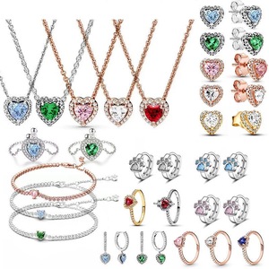 Original <strong>PANDO</strong> 925 Sterling Silver Red Blue Green Pink Stone Jewelry Stud Cz Heart Necklace Women Jewelry Sets - Product Image 1