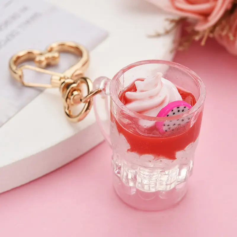 Promotional Gifts Wholesale Car Key Chain 3d Kawaii Cute Simulation Fruit Ice Cream Keyring Key Chain Milk Tea Liquid Keychains