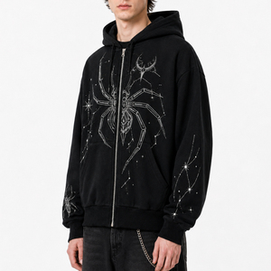 Felpa con Cappuccio Nera Oversize da Uomo con Zip e Grafica <span class=keywords><strong>Ragno</strong></span> in Strass, Stile Gotico Y2K Streetwear Pesante - Product Image 4