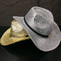 Chapeau de cowboy en gros avec paillettes dorées, bande en cuir noir à motif feuille, pour festivals de musique, enterrements de vie de jeune fille, soirées country et rodeo, pour femmes