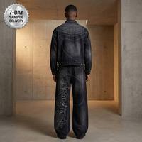 Ensemble veste et pantalon baggy en jean délavé noir épais personnalisé ODM avec appliques graphiques pour le streetwear urbain