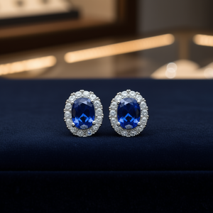 Pendientes de Oro Sólido de 18K con Zafiro, Corte Ovalado, Diamantes Redondos Brillantes con Engaste de Garra, Joyería Clásica para Bodas de Mujer - Product Image 2