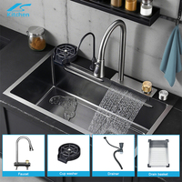 Grand Évier de Cuisine Moderne à Bol Unique avec Robinet Quatre Trous 75cmX46cm Cascade en Acier Inoxydable Multifonctionnel
