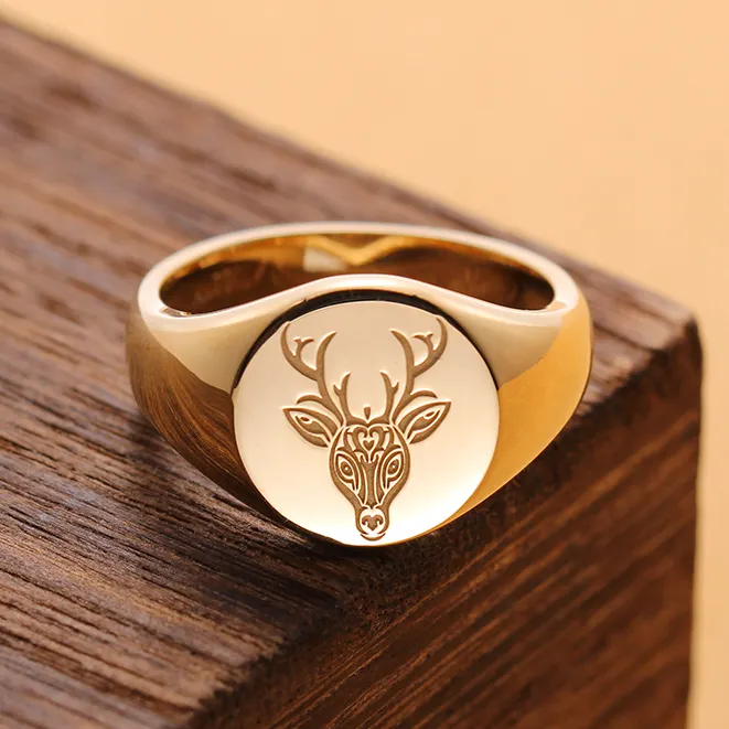 नए डिजाइन ठोस सोने 14k मूस अंगुली की अंगूठी पशु अंगूठी दौर सील के साथ उत्कीर्ण Crests ठीक गहने के लिए लड़कियों को लड़कों