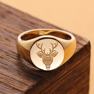 Newly Designed Solid Gold 14k Moose Knuckle Ring Animal Signet Ring Round Seal Engraved with Crests Fine Jewelry for Girls Boys