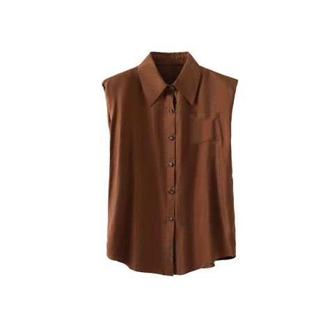 4822 Women Blouse Single Breasted Pocket Solid Color Casual Loose Sleeveless Summer Shirts for Woman