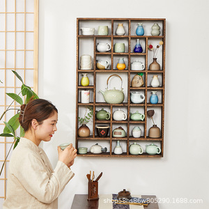 Estante de Pared de Madera Maciza Estilo Chino, Rectangular, Minimalista, Moderno, con Múltiples Compartimentos, para Teteras, para Sala de Estar - Product Image 1