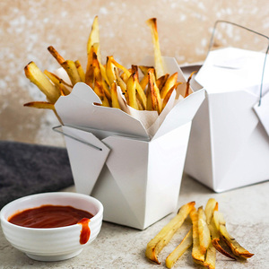 Boîte alimentaire jetable en papier kraft blanc avec poignée, étanche, écologique, pour livraison à emporter, restaurant, préparation <span class=keywords><strong>de</strong></span> repas et nouilles - Product Image 4