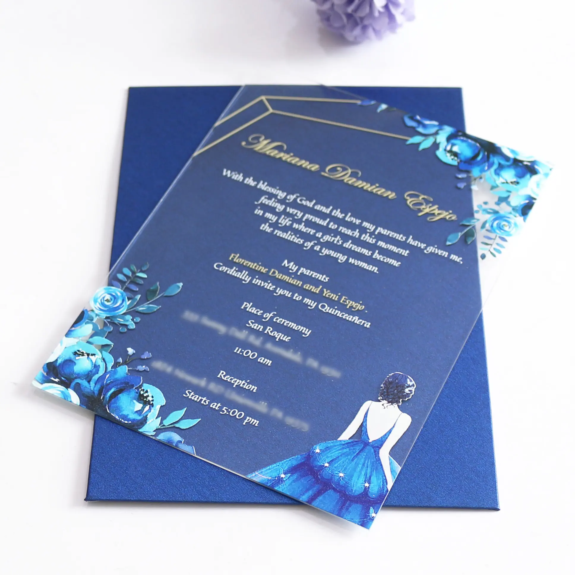 Classic Blue And White Floral Acrylic Wedding Invitations 5*7 Customized Transparent acrylic card with envelope