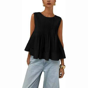 Hochwertige Sommer-Damenbluse mit Schmalpassform, Ärmellos, O-Ausschnitt, Einfach Plissiert, Gewebtes Einfarbiges Polyester-Oberteil - Product Image 1