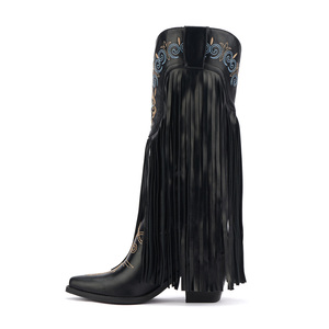 <span class=keywords><strong>Stivali</strong></span> da Cowgirl WETKISS Personalizzati con Ricamo Messicano Occidentale, Tacco in Legno, Nappine, <span class=keywords><strong>Stivali</strong></span> Alti al Ginocchio <span class=keywords><strong>Neri</strong></span> con Frange per Donne - Product Image 2